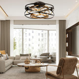 YITAHOME Caged Ceiling Fans with Lights Remote Control, 22'' Bladeless Low Profile Ceiling fan, 6 Speeds Flush Mount Enclosed Ceiling Fans with Reversible Motor, Matte Black Gold (4 E26 Bulb Include) YITAHOME