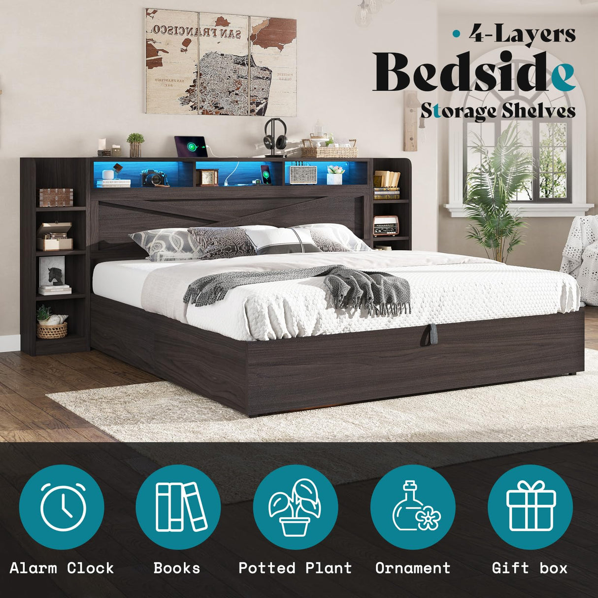 AMERLIFE King Size Lift Up Storage Bed Frame, 45.1" LED Bed Frame with 2 Side Shelves and Bookcase Headboard, Farmhouse Wood Platform Bed with Charging Station, No Box Spring Needed, Black AMERLIFE