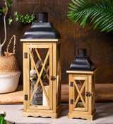 Venalys Farmhouse Wooden Metal Candle Lantern Set of 2, Rustic Large Decorative Floor Lanterns, Indoor/Outdoor Hurricane Lantern for Home Decor (No Glass) Venalys