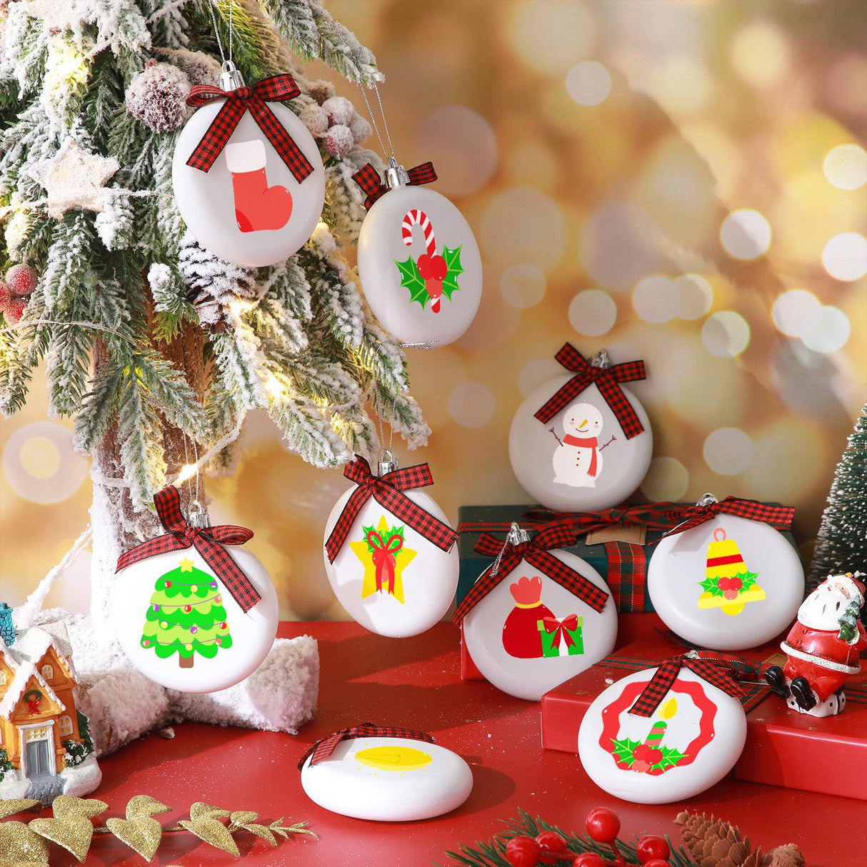PullCrease 30 Pieces Blank Christmas Ornaments for Crafting, Sublimation Flat Ornaments DIY Matte White Ornaments Buffalo Plaid Bows Hanging Christmas Tree Balls for DIY Crafts (Silver Rope) PullCrease
