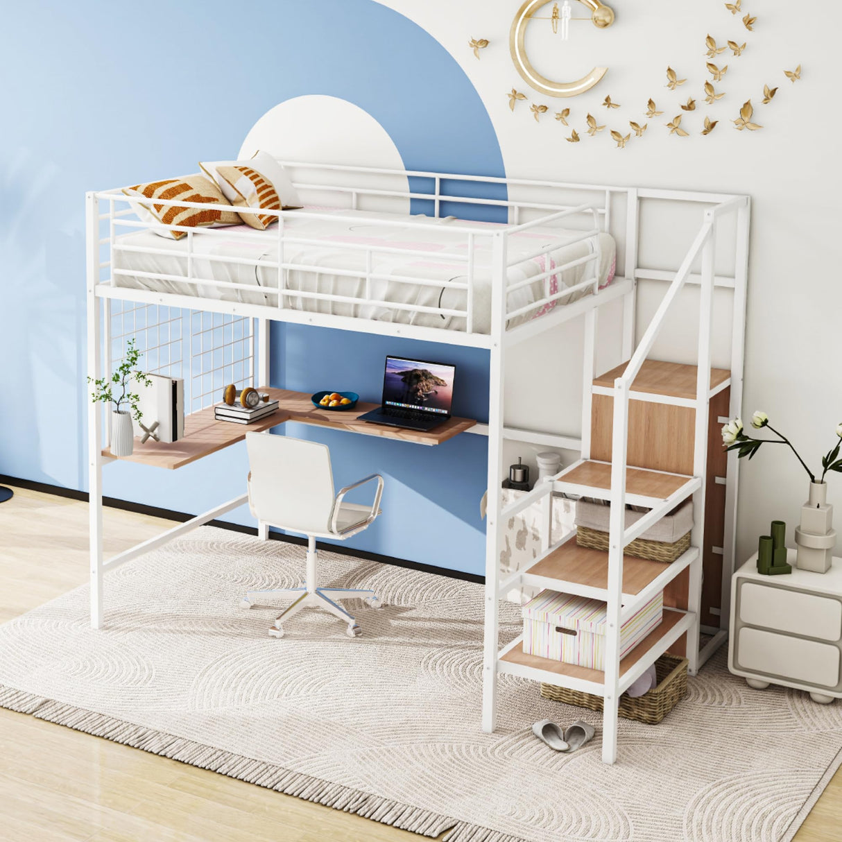 Bellemave Full Size Loft Bed with Desk and Wardrobe, Full Loft Bed with Storage Stairs, Loft Bed Full Size for Adults, Kids, Teens Metal, White Bellemave