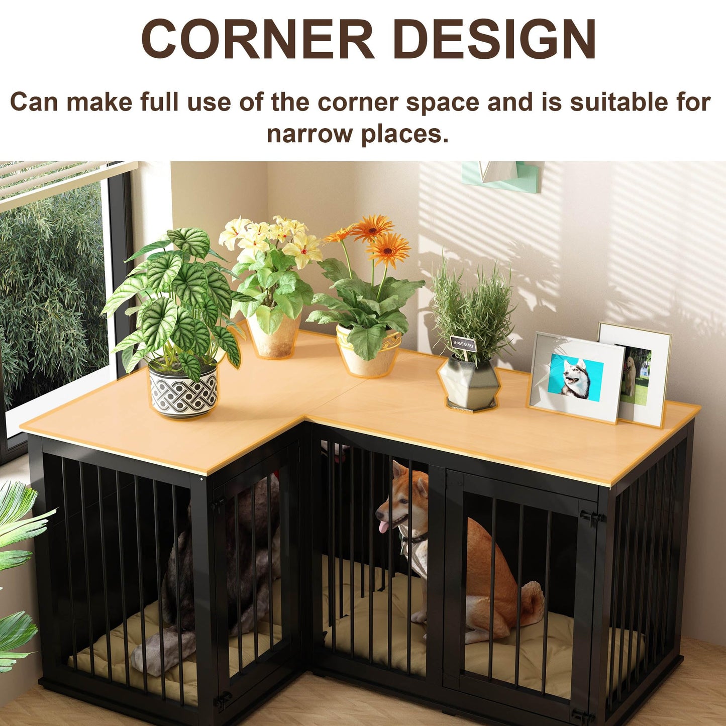 Lovinouse Corner Dog Crate Furniture for 2 Dogs, Indoor Wooden Furniture Style Heavy Duty Large Dog Kennel House with Double Rooms & Divider for Large & Medium Dogs, Black - WoodArtSupply