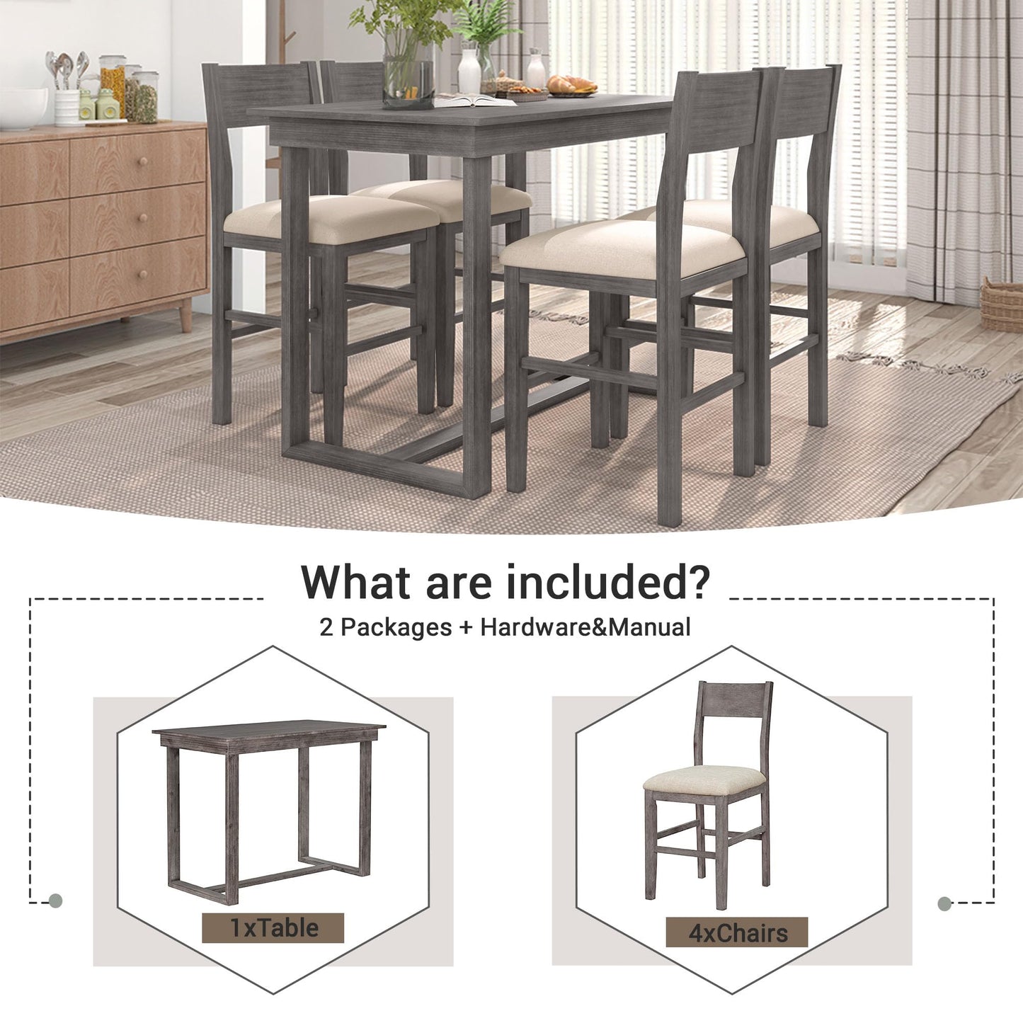 LUMISOL 5-Piece Grey Farmhouse Counter Height Dining Set with Upholstered Chairs - WoodArtSupply