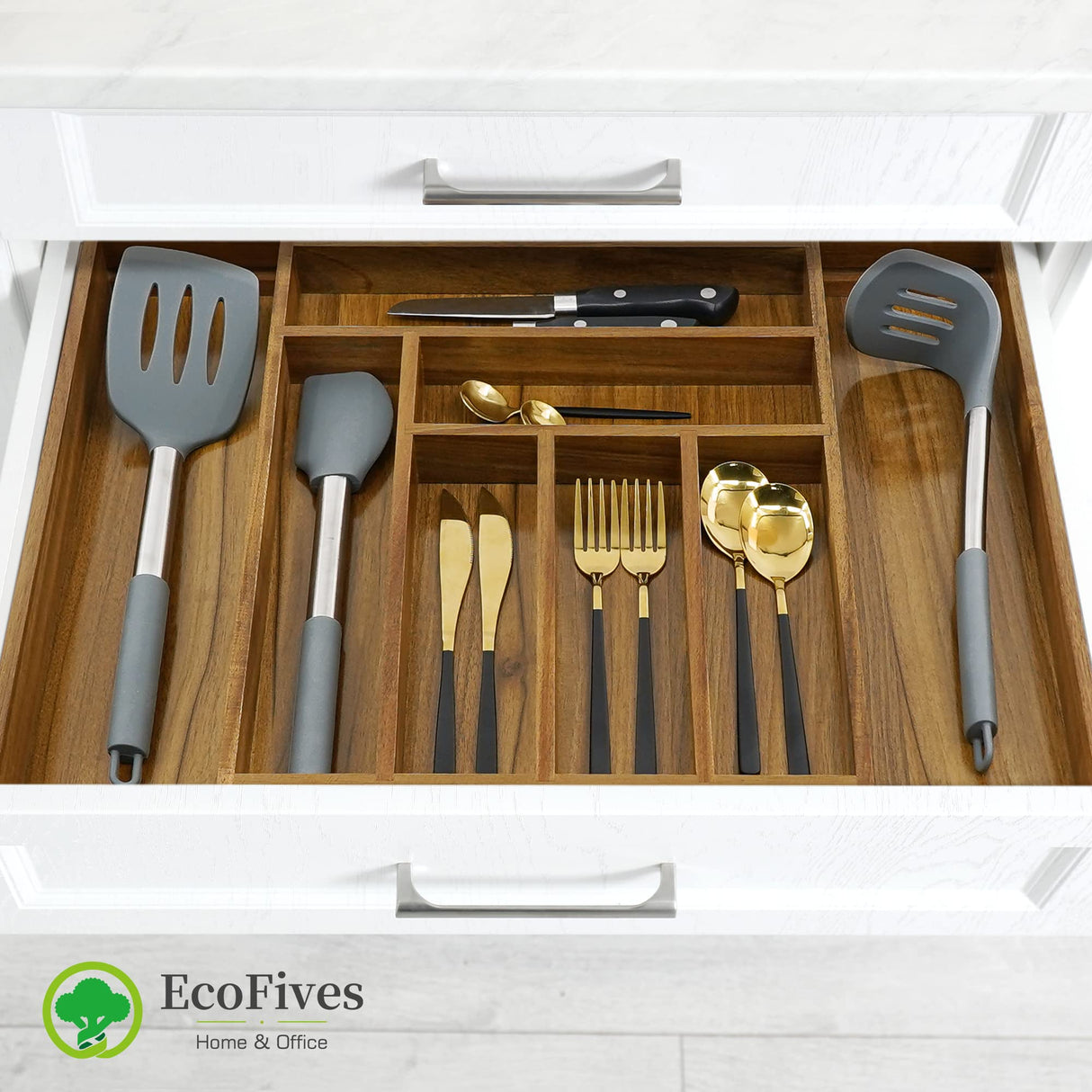 Luxury Acacia Kitchen Drawer Organizer - Silverware Organizer - Utensil Holder and Cutlery Tray with Grooved Drawer Dividers for Flatware and Kitchen Utensils (8 Slot), 17*12.4*2 inch EcoFives