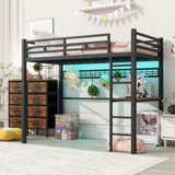 FULLJOJOR Loft Bed Twin Size with Desk, 8 Storage Drawers, Power Outlet, LED Metal Loft Bed with Storage Shelve, Bed with Safety Guardrail & Ladders,Space-Saving,Black FULLJOJOR