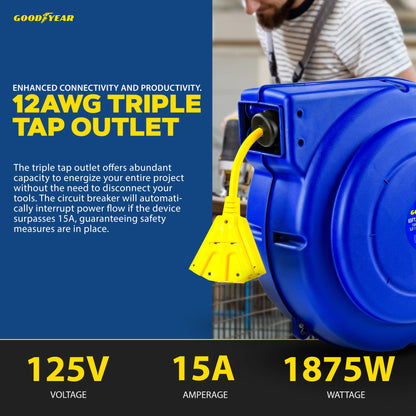 Goodyear Extension Cord Reel Retractable 12AWG x 65' Foot 3C/SJT Heavy Duty Commercial Cable Triple Tap Connector Power 15A 125VAC 1875W - WoodArtSupply