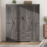 Hlivelood 4 Doors Wardrobe Armoire Closet with Doors and Drawers, Farmhouse Wooden Armoire Storage Cabinet with Shelves & Hanging Rod for Bedroom, Grey Hlivelood