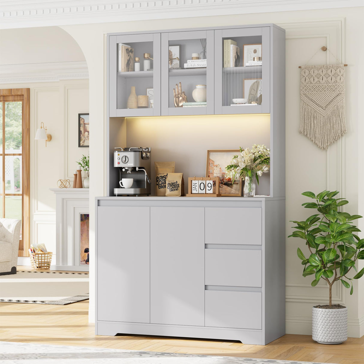 FINETONES 71" Kitchen Pantry Cabinet with LED Lights and Charging Station, Modern Kitchen Hutch Cabinets with Storage and Microwave Stand, Pantry Cabinets Buffet Cabinet with Countertop, Grey FINETONES