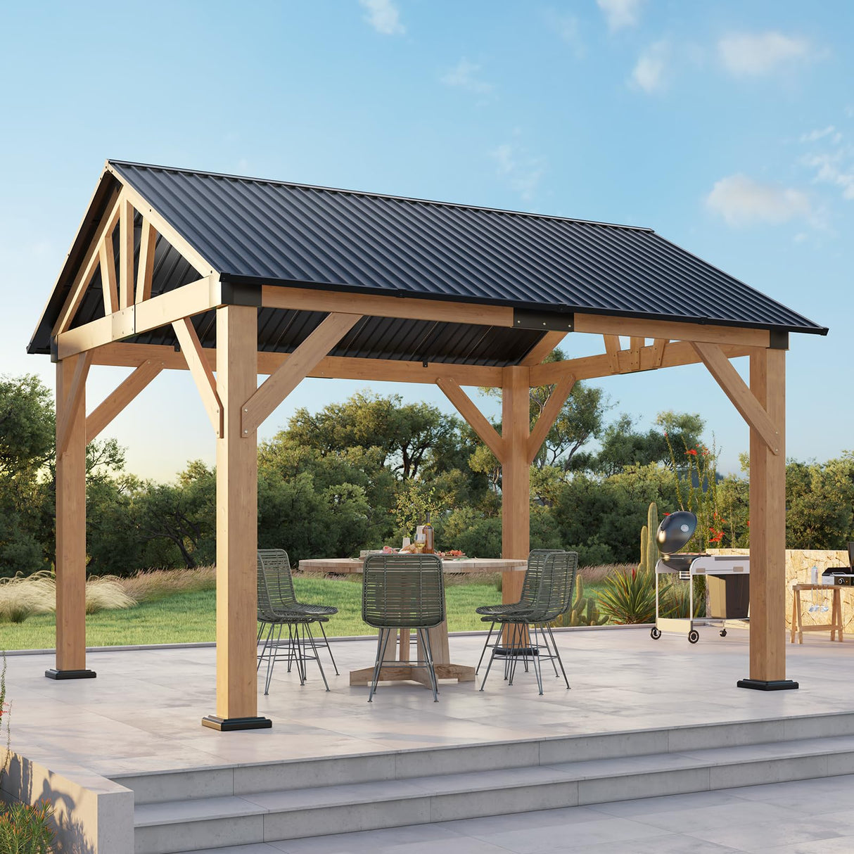 LUXOAK 10x12 ft Wood Gazebo, Hardtop Pergola with Steel Gable Roof, Outdoor Gazebo with Guest House for Garden, Porch, Patio, Black + Natural Wood LUXOAK