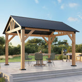 LUXOAK 10x12 ft Wood Gazebo, Hardtop Pergola with Steel Gable Roof, Outdoor Gazebo with Guest House for Garden, Porch, Patio, Black + Natural Wood LUXOAK