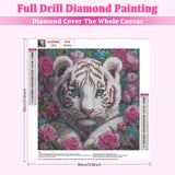RICUVED Diamond Art Kits for Adults, White Tiger Diamond Painting Kits for Beginners, Animal Flowers DIY 5D Full Round Drill Gem Crystal Rhinestone Art and Craft Kit for Gift Home Wall Decor 30x30cm RICUVED