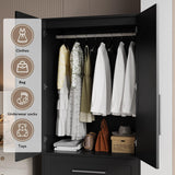 iPormis Wooden Armoire Wardrobe Closet with 2 Drawers, Clothing Storage Cabinet with Shelves Aluminum Hanging Rod, Wardrobe Storage with Strong Door Closure, Modern Bedroom Clothing Armoires, Black iPormis