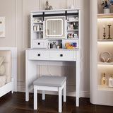 MECHYIN Farmhouse Makeup Vanity Desk with Sliding Mirror, Vanity Set with Stool & Charging Station & 3 Brightness Lights, Ample Storage, Dressing Table for Women Girls Bedroom, White MECHYIN
