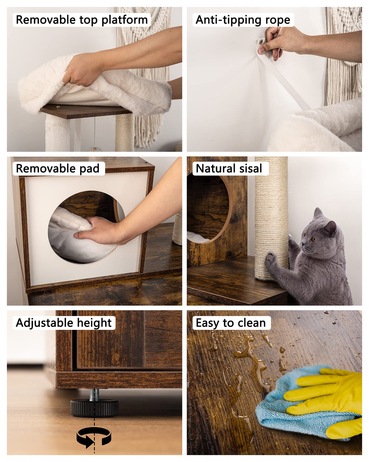 FourFurPets Multipurpose Litter Box Enclosure, Cat Tree and Condo, Side Table, with Large Platform, Cat House, Full Sisal Posts, Removable Washable Cushion, Rustic Brown FourFurPets