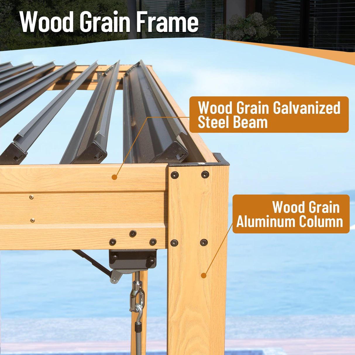 Domi Louvered Pergola 10X10FT, Wood Grain Aluminum Pergola with Adjustable Roof, Wood Looking Aluminum Frame, Efficient Drainage System, Outdoor Pergola for Patio, Deck, Garden domi outdoor living