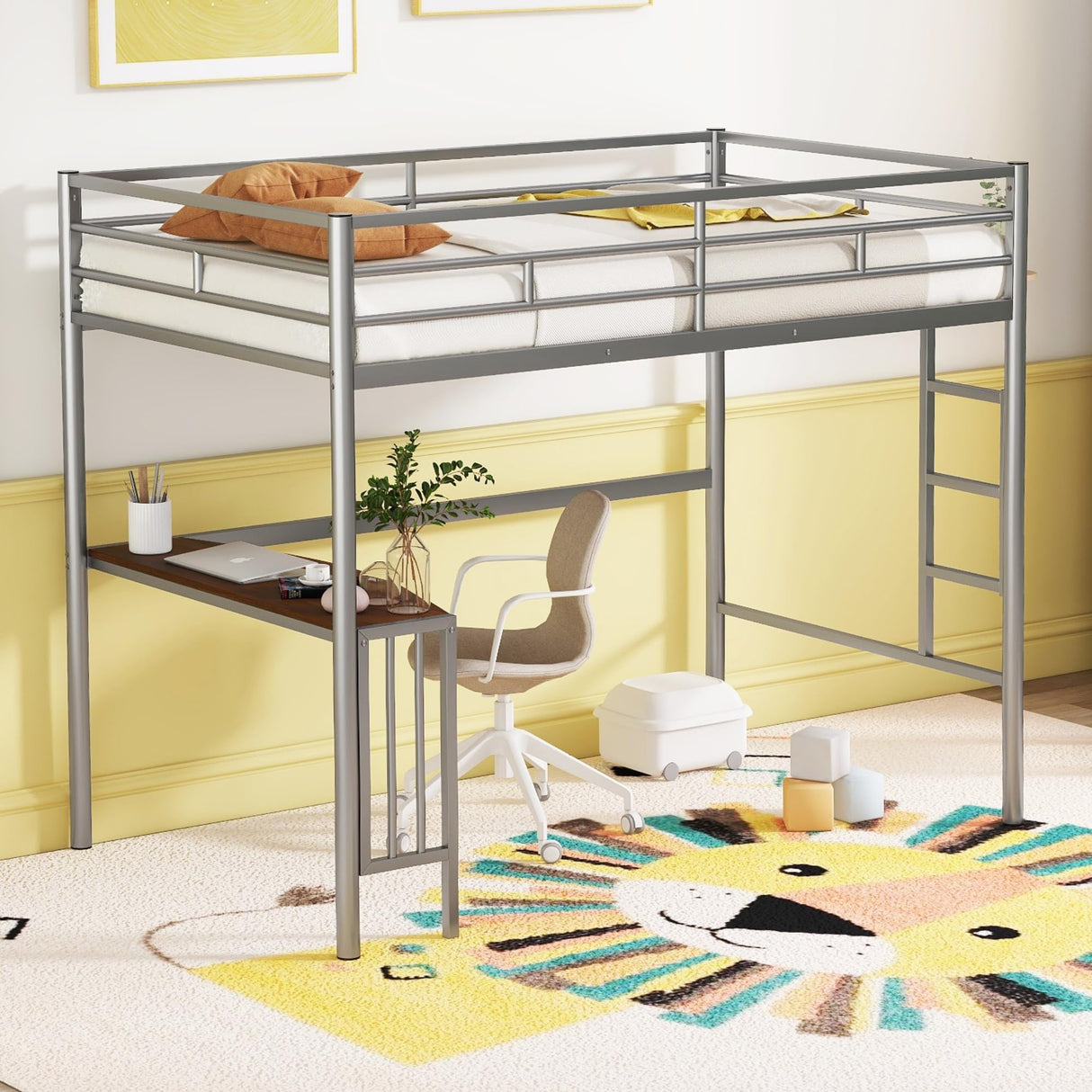 Metal Twin Over Full Bunk Bed Frame with Desk, Loft Platform Mattress Foundation with Steel Slat Support Storage Space Merax