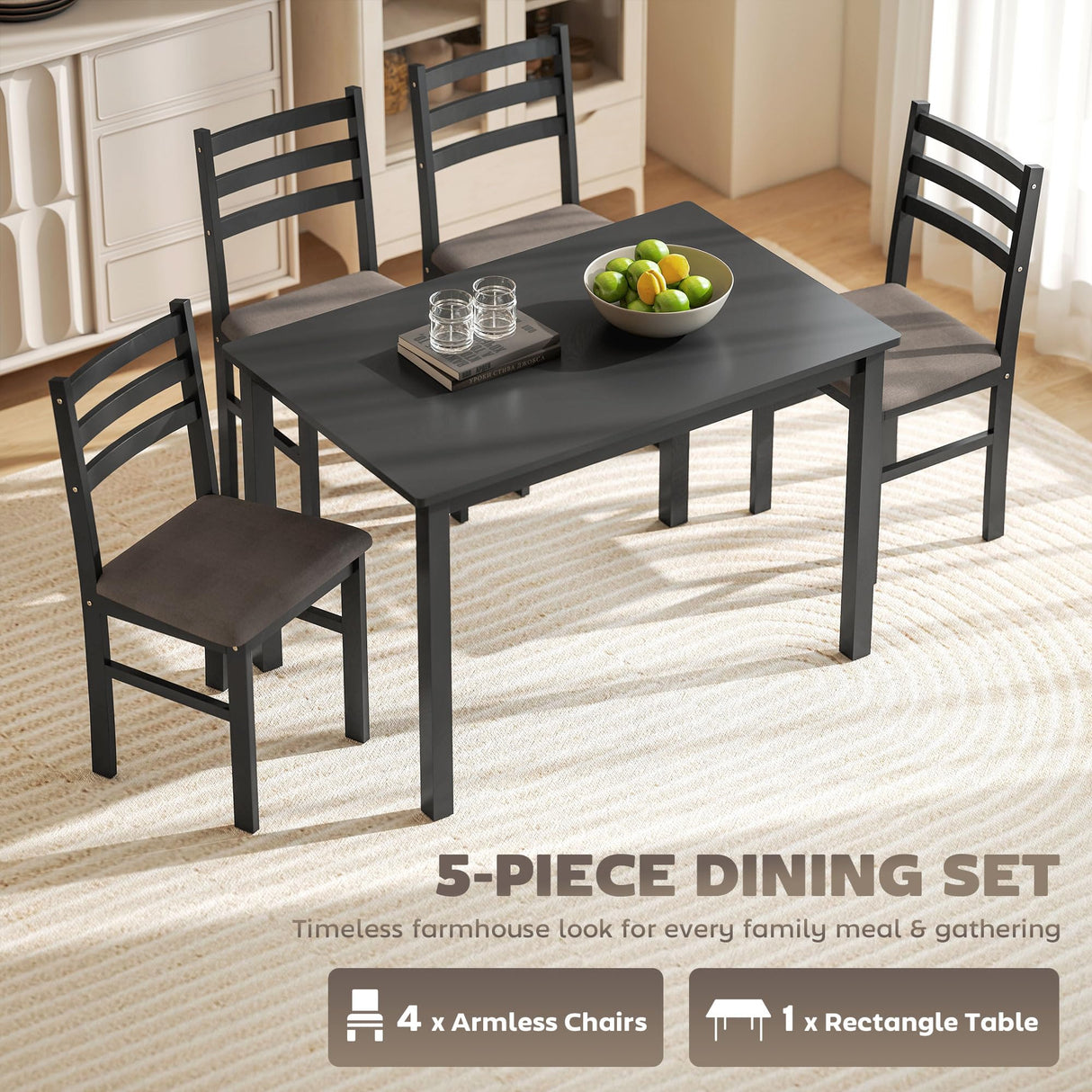 HOMCOM 5-Piece Dining Table Set for 4 with Solid Wood Frame, Farmhouse Kitchen Table Set with 4 Upholstered Padded Chairs for Small Space, Dining Room, Breakfast Nook, Black HOMCOM