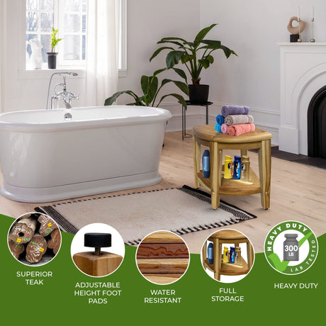 EcoDecors, Snazzy Corner, Teak Corner Shower Stool, Teak Corner Shower Bench, Teak Shower Stool for Inside Shower, Teak Bench Shower, Teak Corner Shelf, Teak Shower Table EcoDecors