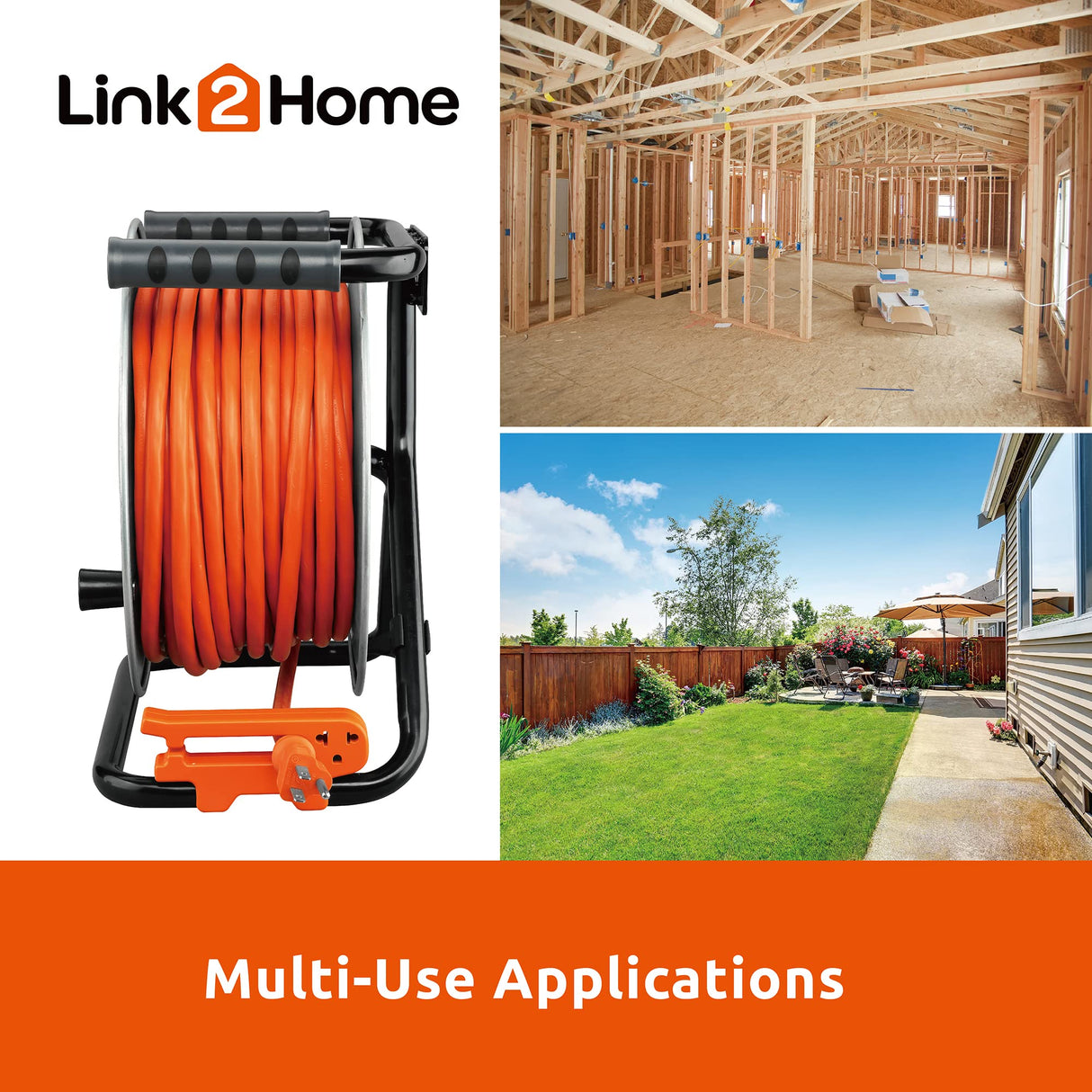 Link2Home Contractor Grade Retractable Extension Cord Reel 75 Ft. With 4 Outlets & Heavy Duty/High Visibility 3-Prong SJTW Cord Link2Home