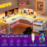 SEDETA White L Shaped Gaming Desk, 66" Home Office Desk with File Drawer, Power Outlet and Led Lights, Corner Computer Desk with Monitor Shelf, Printer Storage Shelves, for Two Person SEDETA