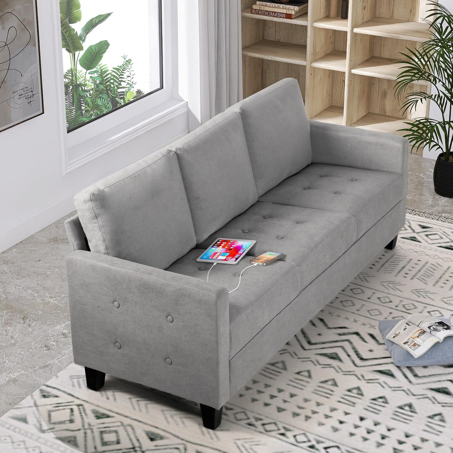 STHOUYN 72" W 3 Person Seater Couch Sofa with USB Ports, Grey Comfy Couches for Small Spaces, Mid Century Modern Gray Couch for Living Room Apartment Bedroom (Light Grey)