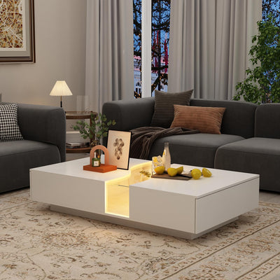 ECACAD Modern LED Coffee Table with 2 Drawers, Tempered Glass Top & Remote Control, Rectangle Coffee Center Table for Living Room & Reception Room, White 31.5”D x 55.1”W x 11.8”H