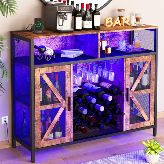 HDDDZSW XXL LED Wine Cabinet Home Bar Cabinets with Power Outlets, Coffee Bar Cabinet Liquor Cabinet for Glasses, Vintage Buffet Cabinet TV Stand with Wine Racks Countertop for Dining Kitchen - WoodArtSupply