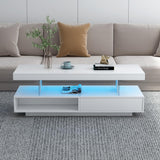LED Coffee Table with Storage, Modern Center Table with Open Display Shelf & 2 Double Sliding Drawers, Accent Furniture with LED Lights for Living Room, Easy Assembly (White-HH80) Aiuyesuo