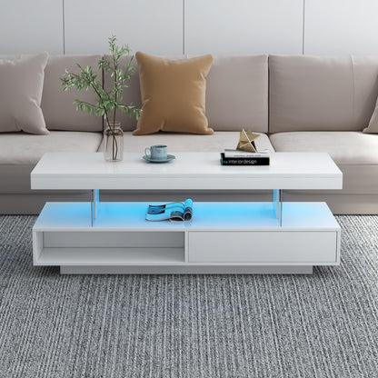 LED Coffee Table with Storage, Modern Center Table with Open Display Shelf & 2 Double Sliding Drawers, Accent Furniture with LED Lights for Living Room, Easy Assembly (White-HH80) - WoodArtSupply