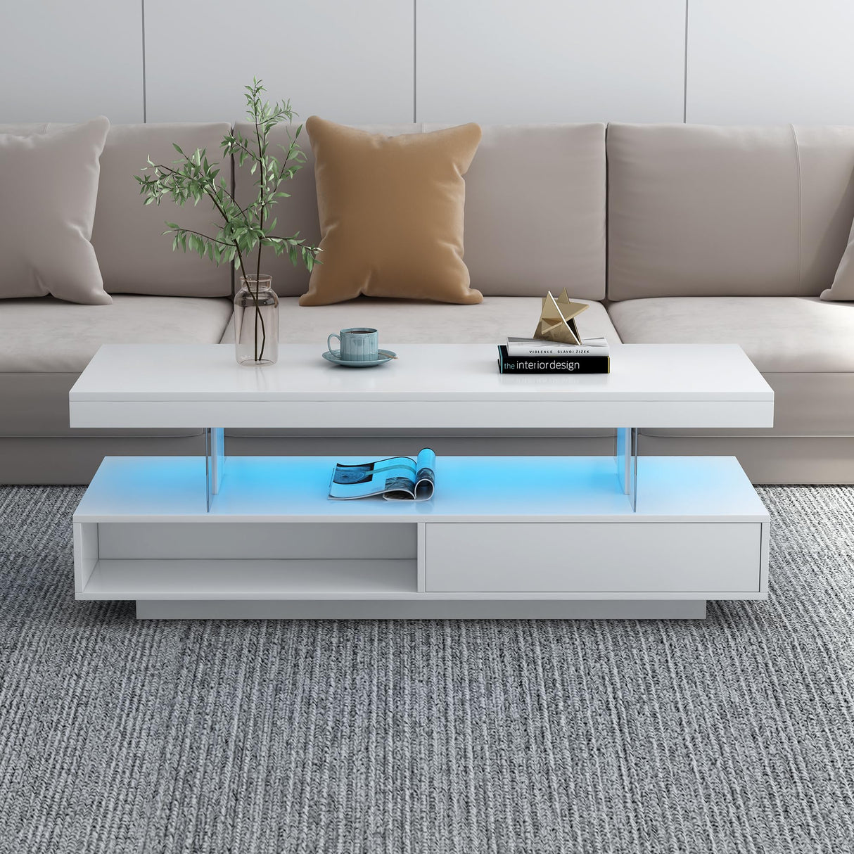 THINK 30 LED Coffee Table with Storage, Modern Center Table with 2 Drawers and Display Shelves, Accent Furniture with LED Lights for Living Room,White THINK 30
