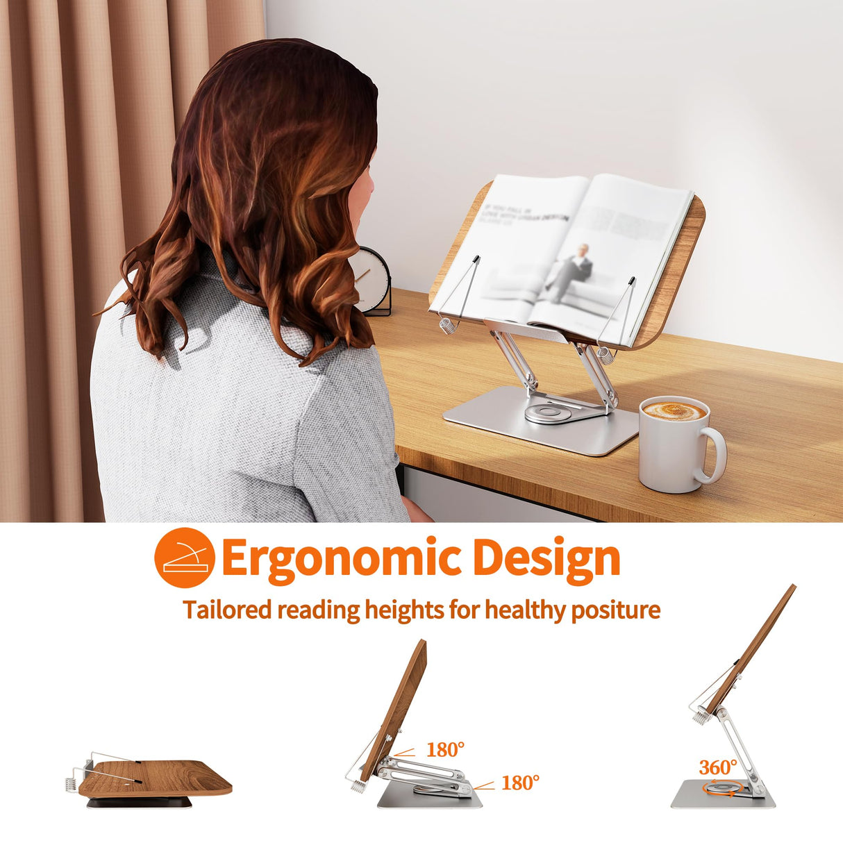 Luxdecor Wood Book Stand for Reading,Adjustable Book Holder with 360°Rotating Base & 2 Page Clips, Stable Display Stand for Recipe,Book Reading, Magazines, Tablets, Sheets (Foldable Design) Luxdecor