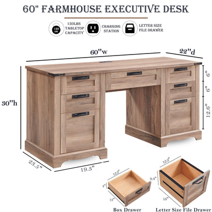 RedLemon 60" Farmhouse Executive Desk with Drawers, Wood Home Office Desk w/Charging Station, Keyboard Tray, File Drawer, Storage Cabinet, Rustic Computer Writing Desk (Natural Oak) - WoodArtSupply