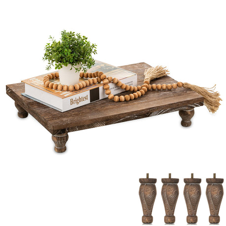 Hanobe Wooden Riser Decorative Tray: Farmhouse Wood Pedestal Display Stand Rustic Brown Tray Riser Centerpiece for Coffee Bar Kitchen Dining Room Home Table Decor, Short & Tall Footed Hanobe