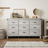 LINSY HOME Dresser for Bedroom with 9 Drawers, 59” Wide Chest with Deep Drawer, Modern Farmhouse Dresser TV Stand with Metal Handles, Wood Storage Cabinet for Closet, Living Room, Hallway, Wash Grey LINSY HOME
