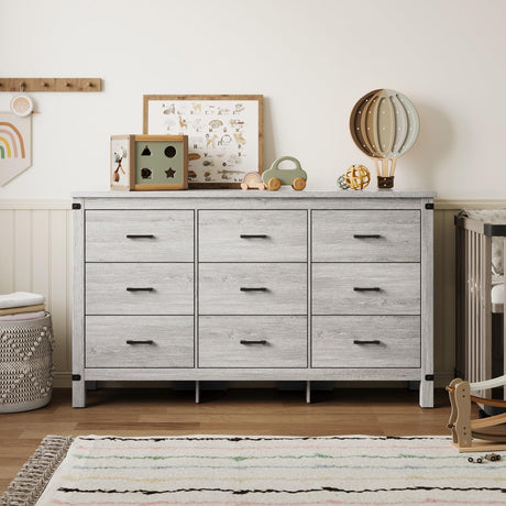 LINSY HOME Dresser for Bedroom with 9 Drawers, 59” Wide Chest with Deep Drawer, Modern Farmhouse Dresser TV Stand with Metal Handles, Wood Storage Cabinet for Closet, Living Room, Hallway, Wash Grey LINSY HOME