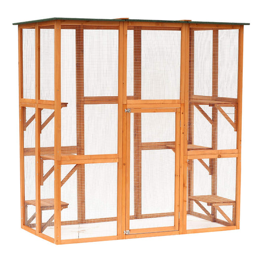 PawHut Outdoor Cat House Big Catio Wooden Feral Cat Shelter Enclosure with Large Spacious Interior, 6 High Ledges, Weather Protection Asphalt Roof, 71" L, Orange - WoodArtSupply