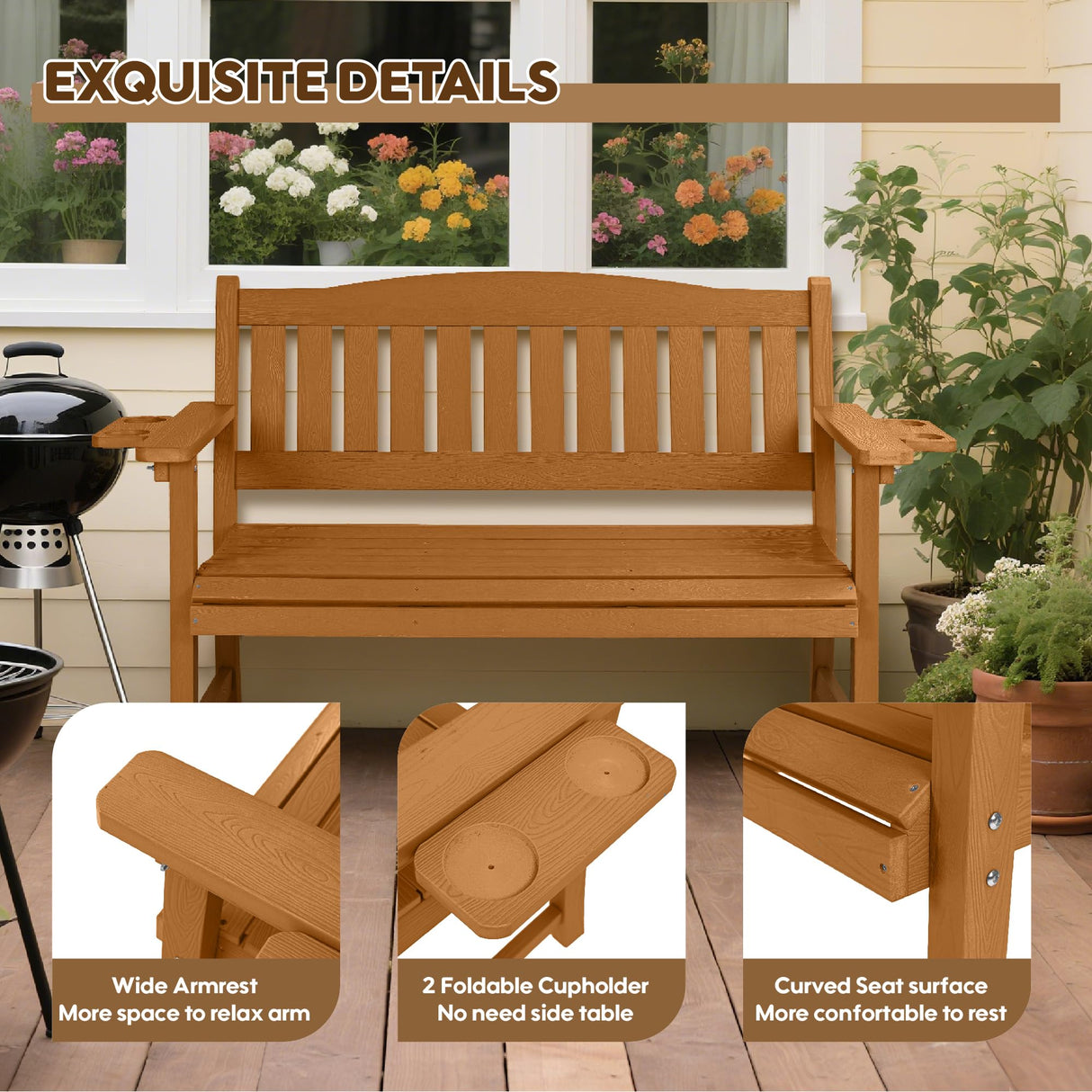 2-Person HIPS Outdoor Benches, Weatherproof Garden Bench with 800 lbs Weight Capacity, Artificial Wood Grains, Never Rot or Fade, Patio Benches for Garden, Porch, Balcony, Backyard,Park, Brown Sunnibety