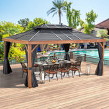 YOLENY 12' x 16' Hardtop Gazebo Faux Wood Grain Metal Gazebo with Aluminum Frame, Galvanized Steel Double Roof, Outdoor Patio Gazebo Pergolas with Netting and Curtains for Backyard, Patio, Lawns YOLENY