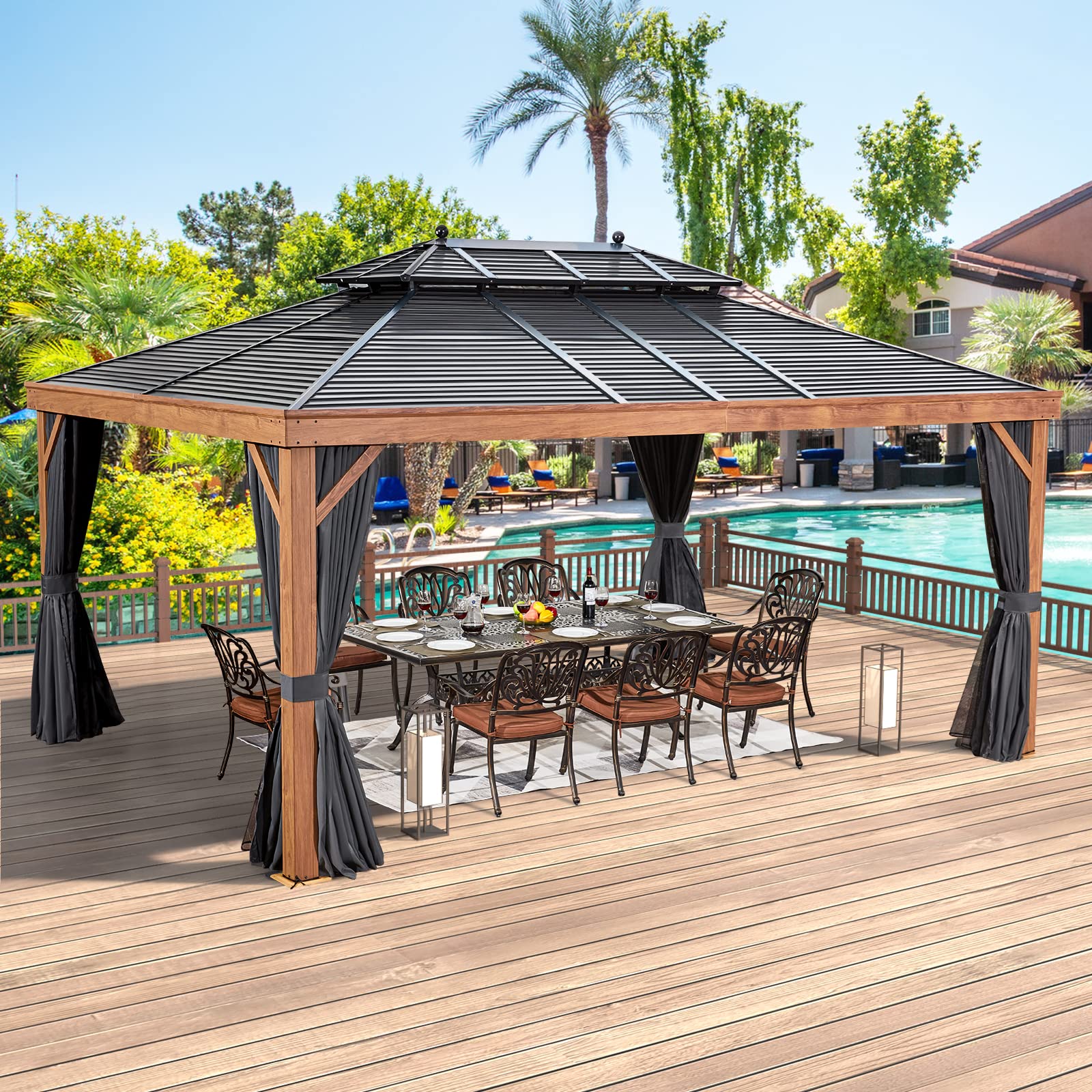 YOLENY 12' x 16' Hardtop Gazebo Faux Wood Grain Metal Gazebo with Aluminum Frame, Galvanized Steel Double Roof, Outdoor Patio Gazebo Pergolas with Netting and Curtains for Backyard, Patio, La - WoodArtSupply