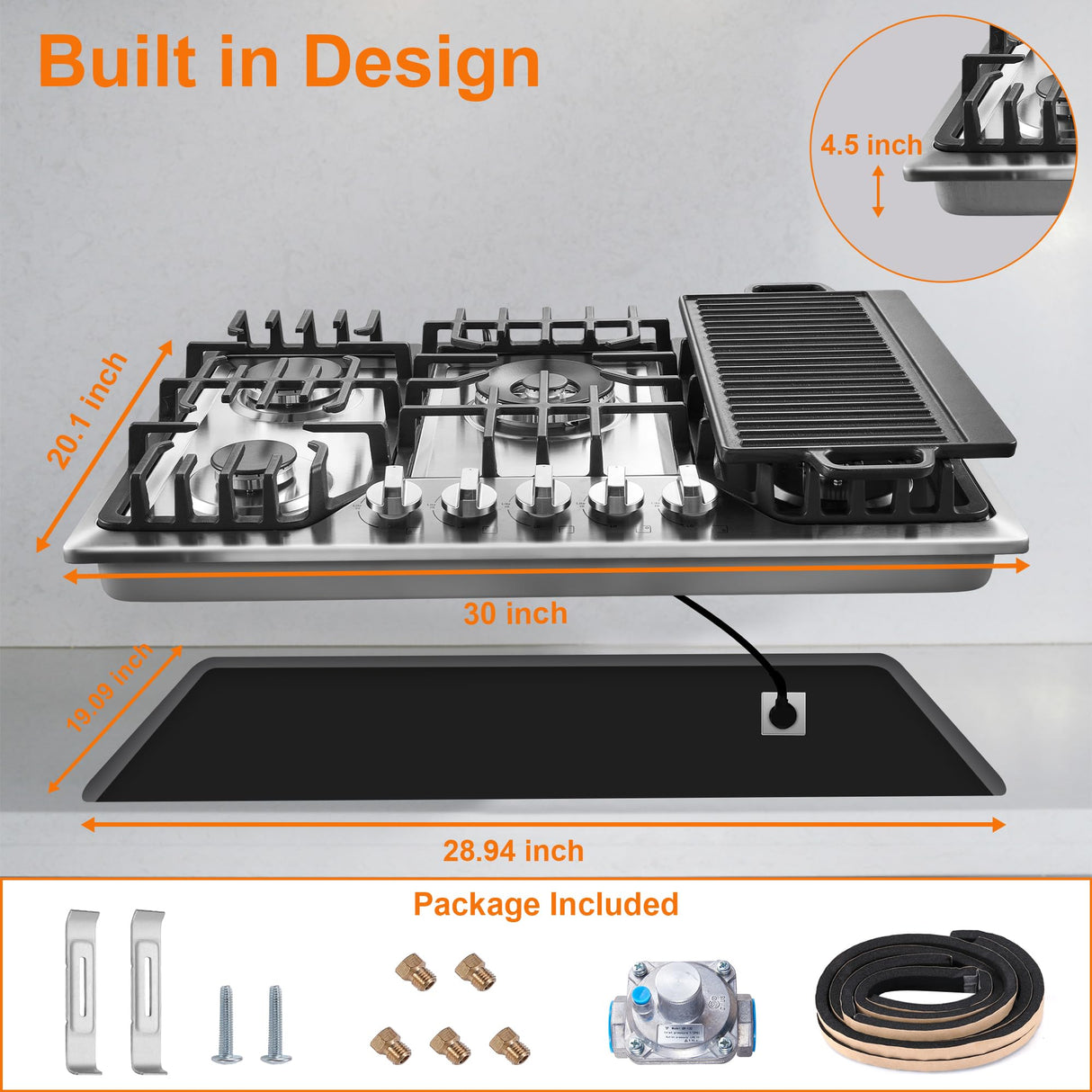 30 Inch Bulit-In Gas Cooktop with Griddle, 5 Italy SABAF Powerful Burners Over 92% High Efficiency, Max 48300BTU Gas Stove Top, 304 Stainless Steel Panel, NG/LPG Convertible, CSA Certified Amzgachfktch