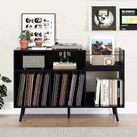 RARZOE Large Record Player Stand, Mid Century Vinyl Record Display Stand, Turntable Stand with Storage, Record Player Holder Up to 350 Albums, Record Vinyl Storage Cabinet for Living Room, Black RARZOE