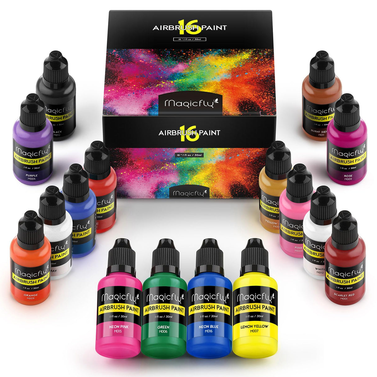 Magicfly Airbrush Paint, 16 Colors Acrylic Airbrush Paint Set (30 ml/1 oz), Ready to Spray, Opaque & Neon Colors, Water-based, Premium Kit for Beginners, Hobbyist and Artists Magicfly