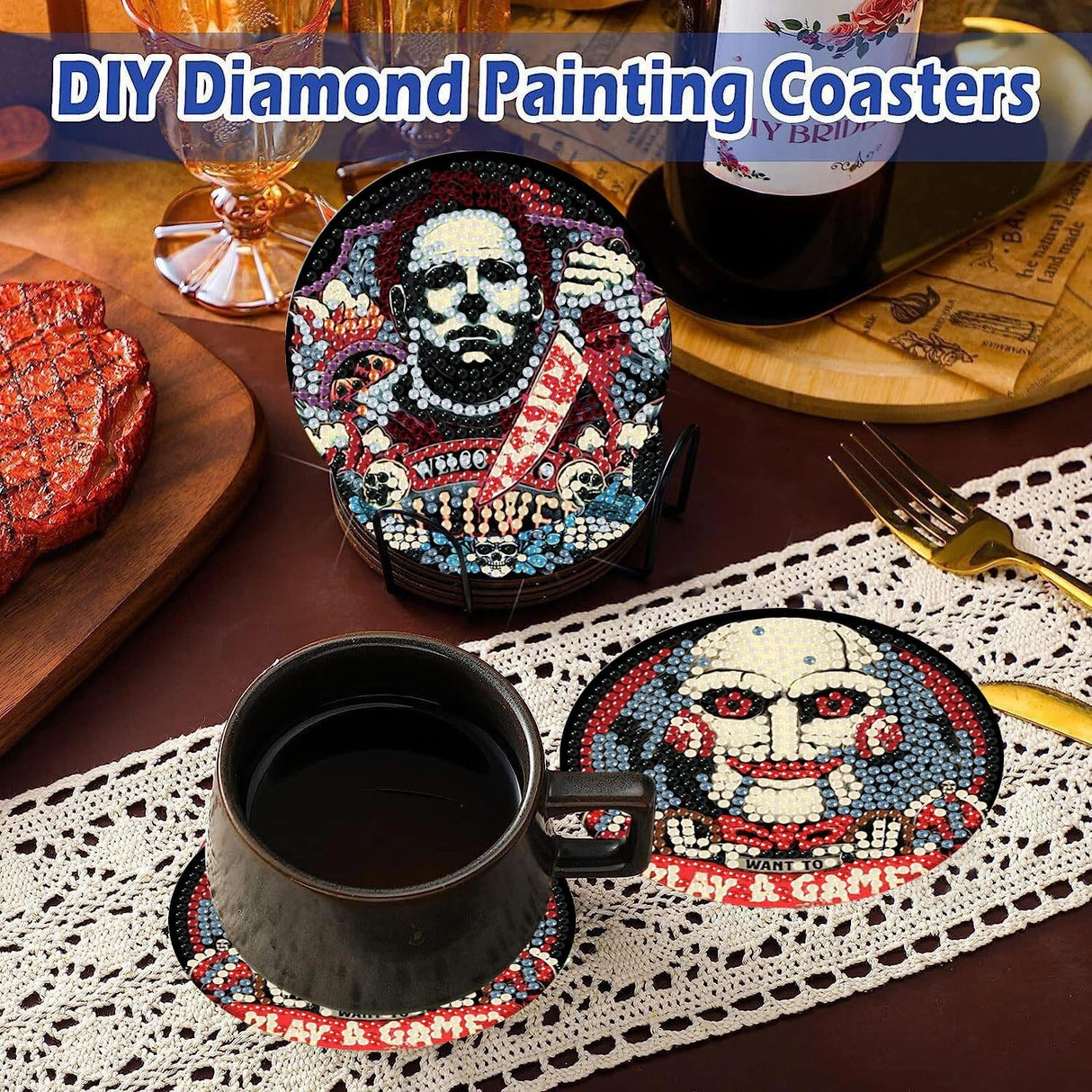 8 Pcs Halloween Diamond Art Coasters Kit for Adults - Round Full Drill Horror Diamond Painting Coasters Set with Holder,DIY Diamond Dot by Number Coaster Art and Craft for Home Wall Decor Gifts Ammklfh