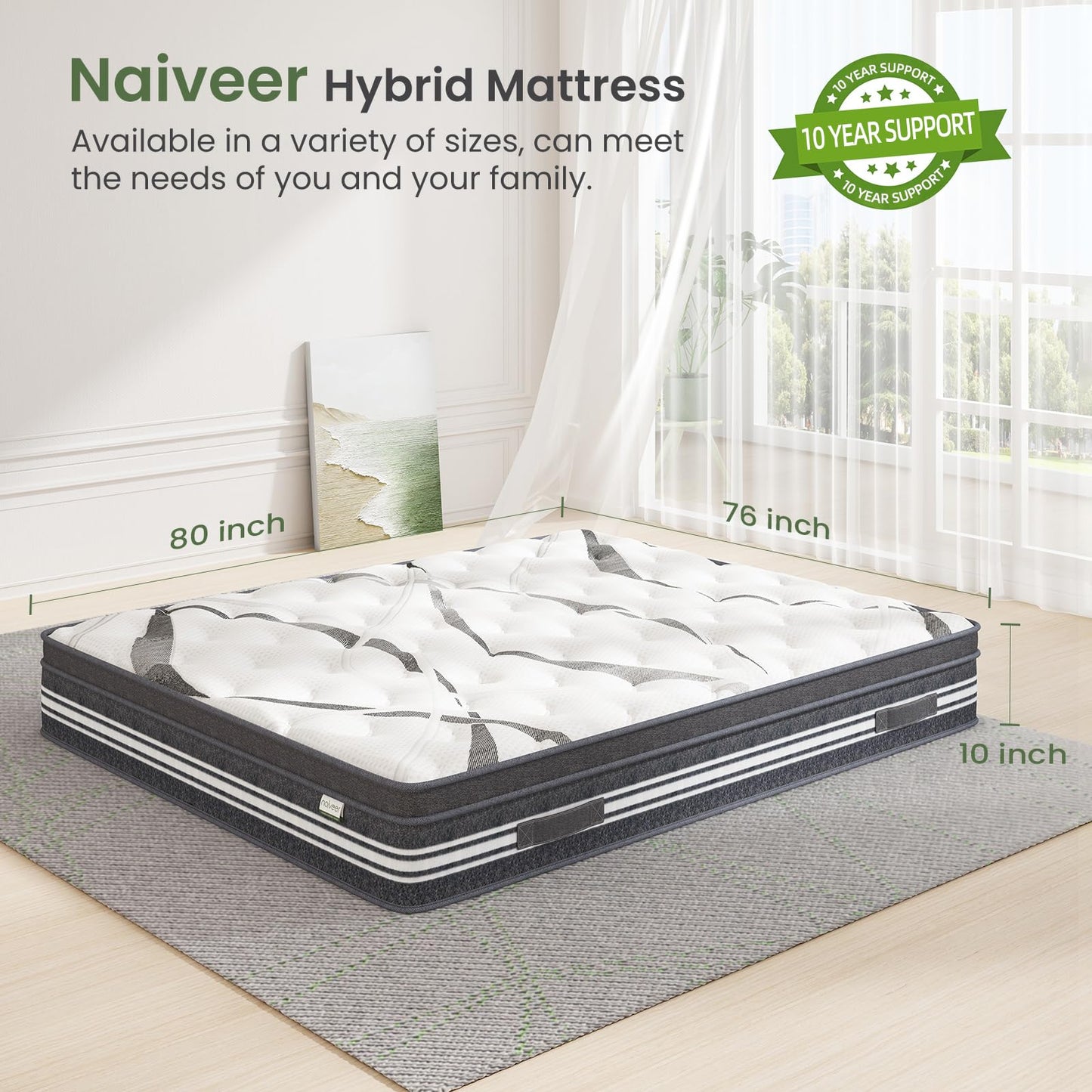 Naiveer King Mattress 10 Inch, Memory Foam Hybrid Mattress, King Size Mattress in A Box, Individually Wrapped Coils, CertiPUR-US Certified, Medium Firm Mattress for Back Pain & Pressure Relieve