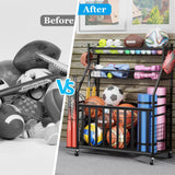 Jsskeeim Garage Sports Equipment Organizer,Sports Ball Organizer with Wheels,Mesh Pocket, Basket,Ball Organizer with Baseball Bat Rack and HooksToy Storage Rolling Cart-Black Jsskeeim