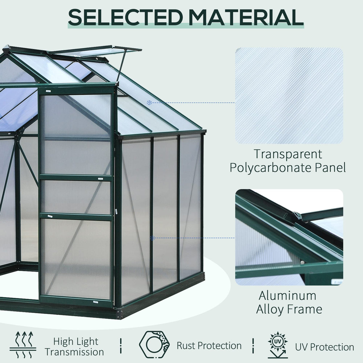 Outsunny 6' x 6' x 6.5' Polycarbonate Greenhouse, Heavy Duty Outdoor Aluminum Walk-in Green House Kit with Rain Gutter, Vent and Door for Backyard Garden, Dark Green Outsunny