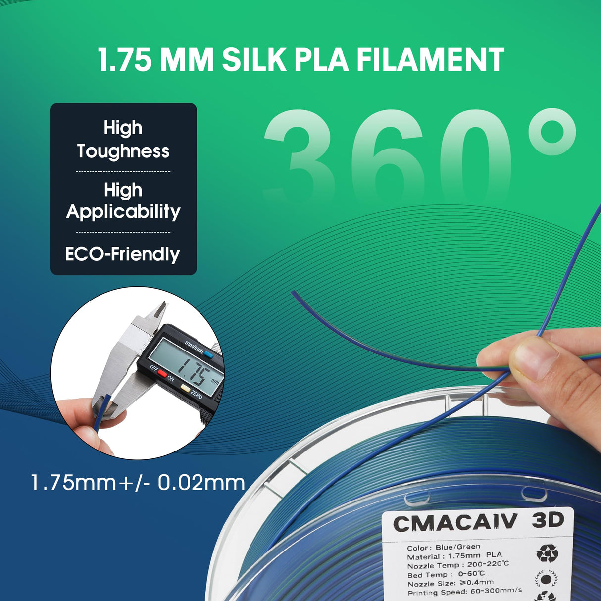 2024 Upgrade Silk PLA 3D Printer Filament, Dual Color Blue Green PLA 1.75mm, Shiny Multi Color Change Filament 3D Printing PLA Filament for Most FDM 3D Printer, +/-0.02mm, 1kg/2.2lb CmaCaiv