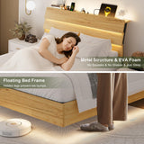 Feonase Floating Bed Frame Queen with Led Lights and Charging Station, Wood Full Size Bed Frame with Storage Headboard, Heavy Duty Metal Slats, No Box Spring Needed, Easy Assembly,Oak Feonase