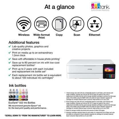 Epson EcoTank Photo ET-8550 Wireless Wide-Format All-in-One Supertank Printer with Scanner, Copier, Ethernet and 4.3-inch Color Touchscreen, Large, White