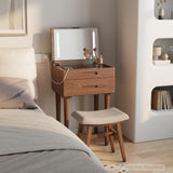 Muwuele Solid Wood Small Vanity Desk with Flip Top Mirror, Brightness Adjustable Lights, Compact Vanity with Glass Top and Drawers, Slim Dressing Table for Small Space, Bedroom, Living Room, Walnut Muwuele